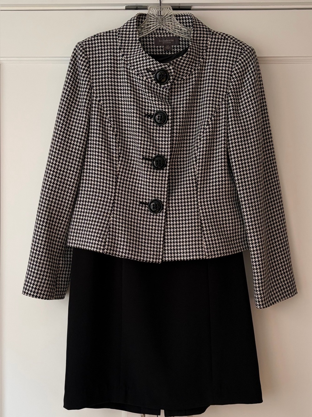 Liz Claiborne Petite 10P Houndstooth Jacket Black Dress 2 Piece Suit